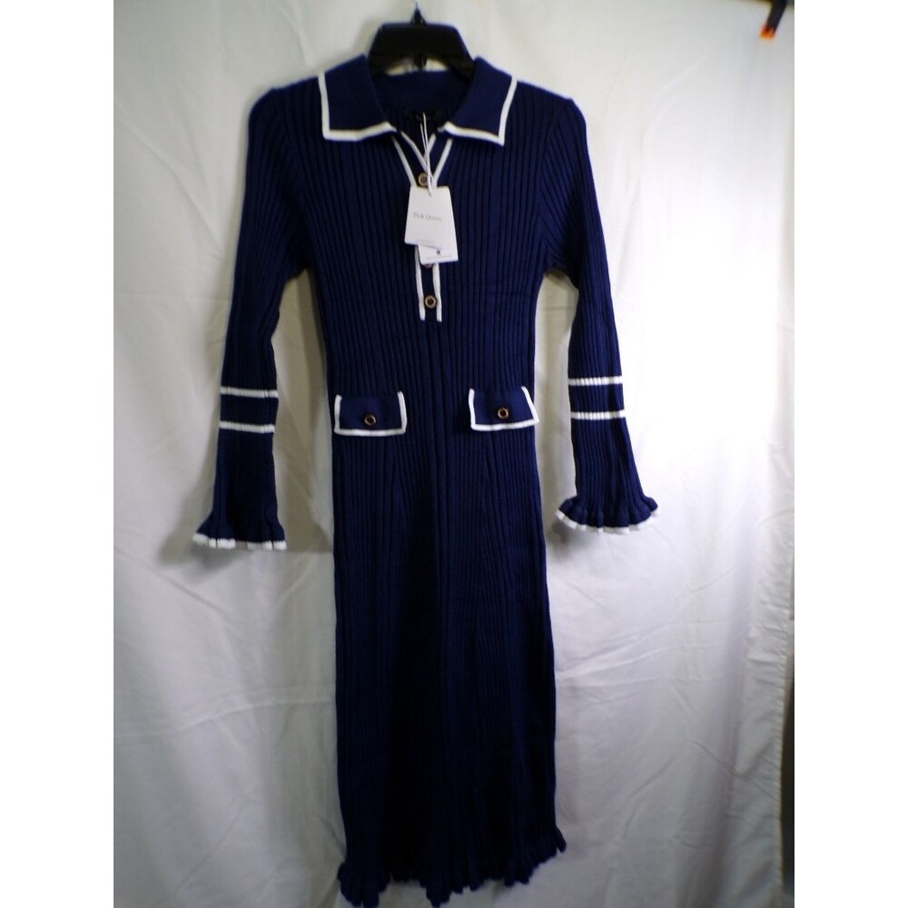 Pink Queen Women's Navy Ribbed Long Knit Sweater Dress Size S V Neck